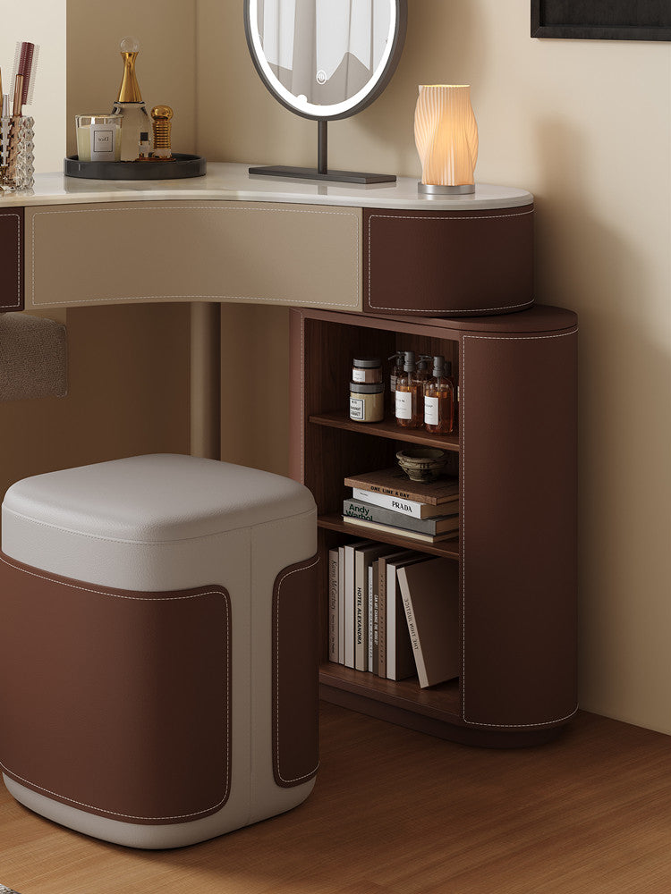 Brown Corner Vanity Set with Mirror, Stool, Drawers and Storage Cabinet