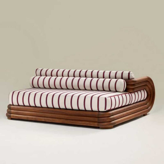 Striped Upholstered Daybed Lounge Chair with Solid Wood Frame, Red