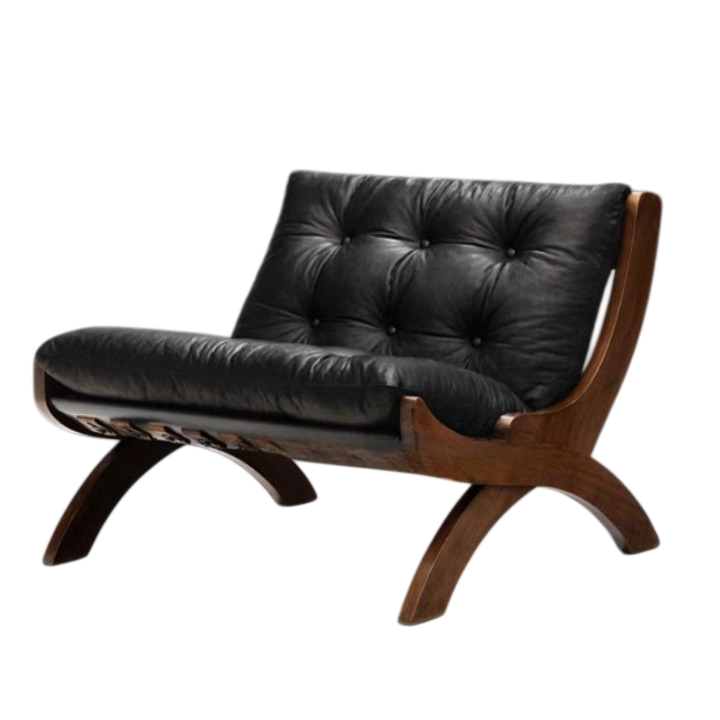 Mid Century Modern Leather Lounge Chair, Solid Wood Accent Armchair with Black Genuine Leather Upholstery, Retro Scandinavian Single Sofa Chair for Living Room, Bedroom, Office and Reading Nook