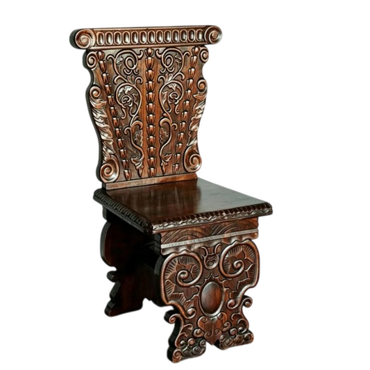 Hand-Carved Solid Wood High Back Dining Chair, Ornate Double-Sided Carved Accent Side Chair with Sculptural Legs and Brown Finish for Dining Room, Living Room or Entryway