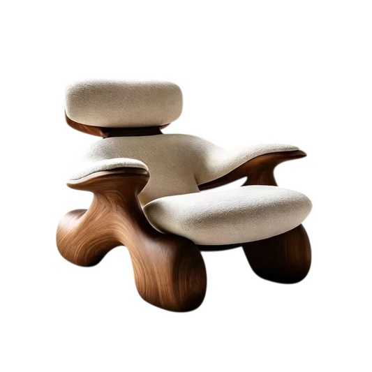 Modern Sculptural Ash Wood Accent Chair with Cream Bouclé Upholstery, Oversized Lounge Armchair for Living Room, Bedroom, Reading Nook and Hotel