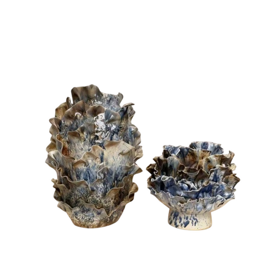 Blue Brown Handmade Ceramic Vase Set of 2, Sculptural Ruffled Petal Art Vessels with Multitone Glazed Finish for Living Room, Entryway, Dining Table and Housewarming Decor
