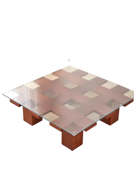 Square Glass Top Coffee Table, Walnut Finish Wood Cocktail Table for Living Room