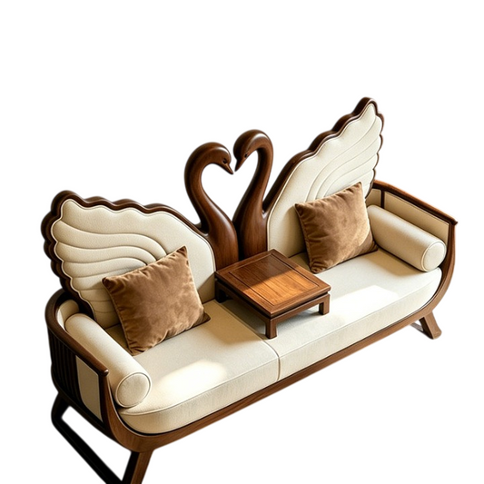 Ash Wood Swan Loveseat Sofa with Integrated Center Table, Upholstered 2 Seat Living Room Sofa, Luxury Accent Couch for Living Room, Office, Hotel &amp; Reception
