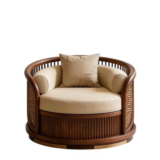 Ash Wood Barrel Accent Chair with Curved Wood Frame, Upholstered Lounge Chair with Lumbar Pillow, Modern Luxury Single Sofa Chair for Living Room, Bedroom, Office &amp; Reception