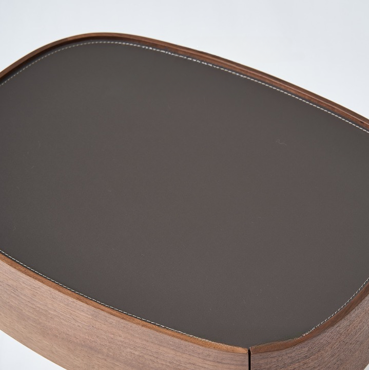 Modern Wood Nightstand with Marble Base, Italian Minimalist Bedside Table, Walnut Veneer and Leather Accent Side Table, Luxury Oval End Table for Bedroom, Living Room, Sofa Side