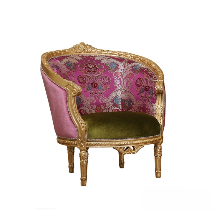 Pink and Green Floral Accent Chair with Gold Tone Carved Wood Frame, Upholstered Barrel Armchair for Living Room, Bedroom, Reading Corner, Lounge, Vanity Room and Luxury Home Decor