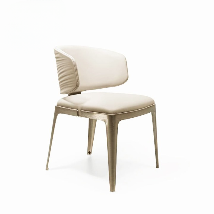 Cream Faux Leather Dining Chair with Pleated Back and Gold Metal Legs