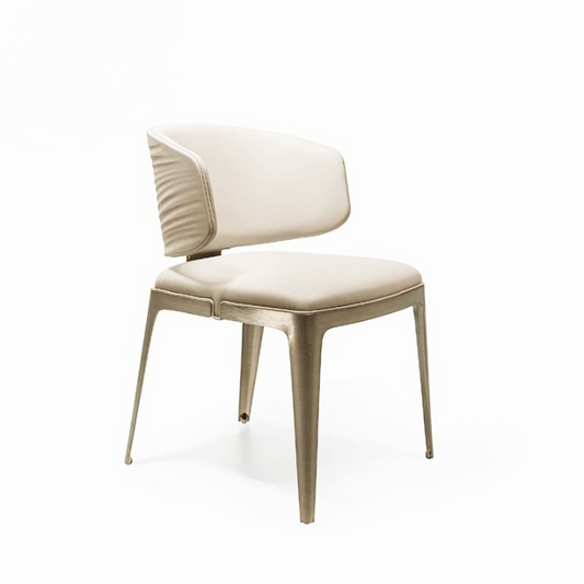 Cream Faux Leather Dining Chair with Pleated Back and Gold Metal Legs