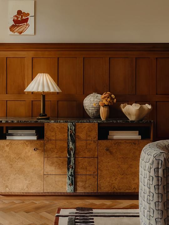 Burl Wood Sideboard Cabinet with Marble Top, Solid Wood Buffet Cabinet, 2 Door 4 Drawer Dining Room Credenza, Entryway Storage Cabinet, Living Room Console Cabinet with Shelves
