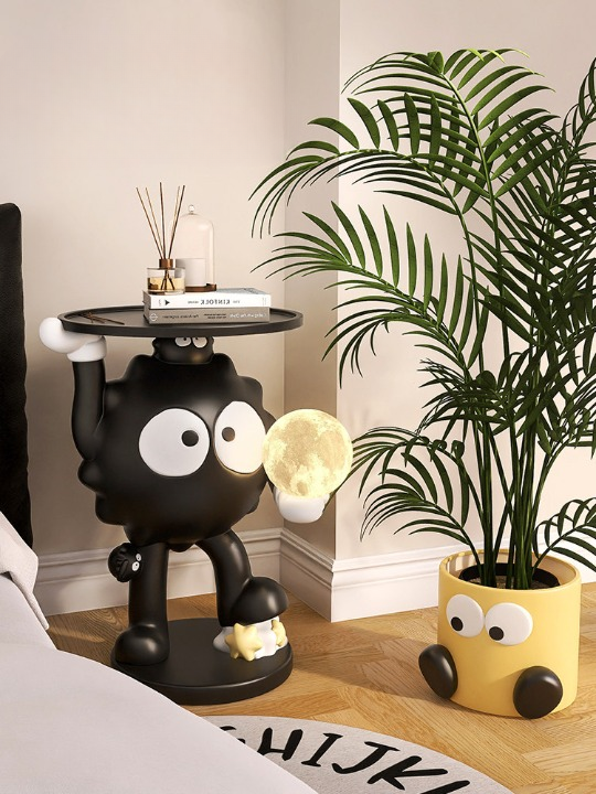 Black Resin Cartoon Character Floor Lamp Side Table with Round Wood Tray and Illuminated Moon Globe, Sculptural Bedside End Table for Living Room and Bedroom