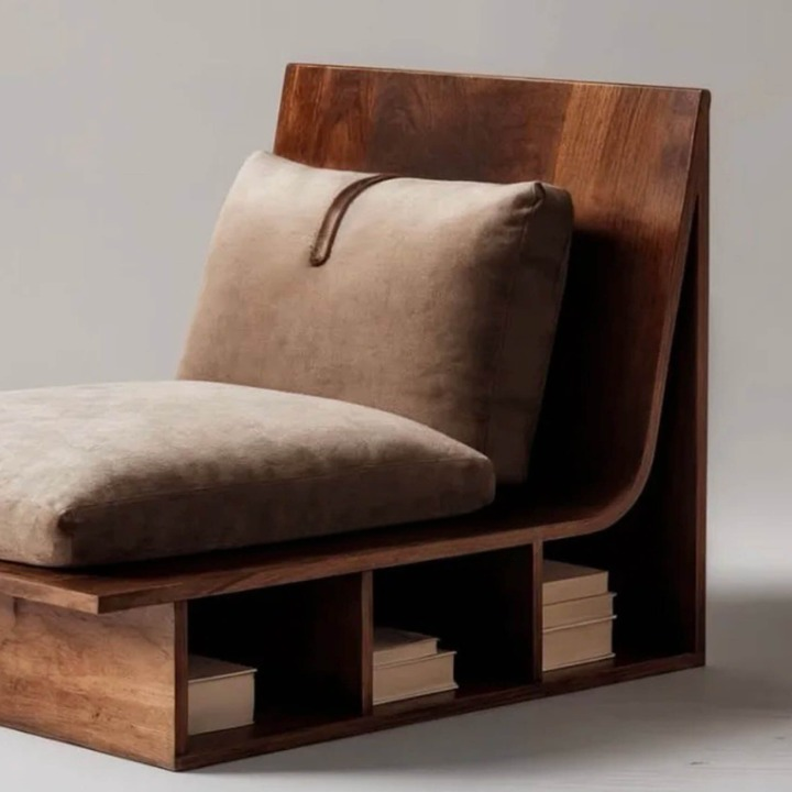 Modern Wood Storage Lounge Chair, Upholstered Single Sofa Chair with Built-in Open Shelf, Low Profile Reading Chair for Living Room, Bedroom, Study Room, Hotel Lounge