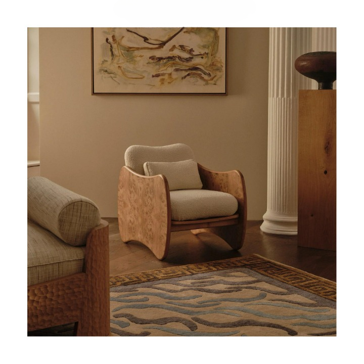 Burl Wood Accent Chair, Solid Wood Lounge Chair with Boucle Cushioned Seat and Back, Wabi Sabi Armchair for Living Room, Bedroom, Reading Nook
