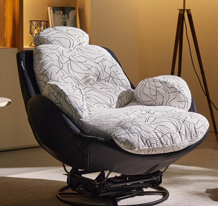 Modern Egg Shell Rocking Lounge Chair, Upholstered Single Sofa Chair with Black Leather Base, Lazy Reclining Accent Chair for Living Room, Balcony, Bedroom and Reading Nook