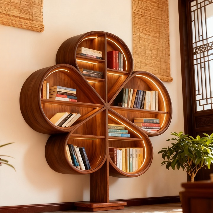 Ash Wood Clover Bookcase with LED-Lit Open Shelves