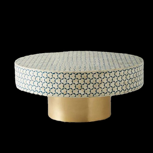 Round Mosaic Inlay Coffee Table with Brushed Gold Metal Base