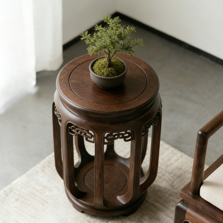 Ash Wood Round Side Table with Carved Openwork Frame