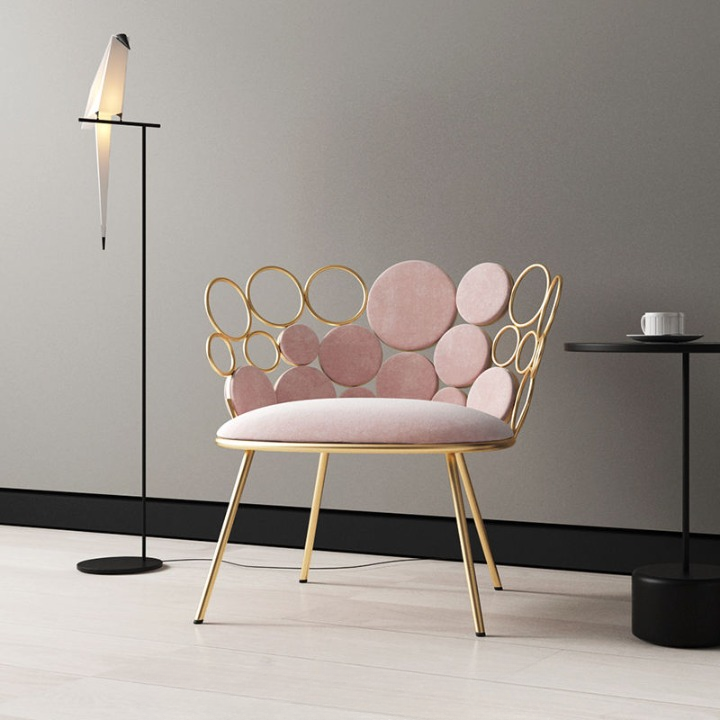 Pink Fabric Gold Metal Circle Back Accent Chair for Living Room