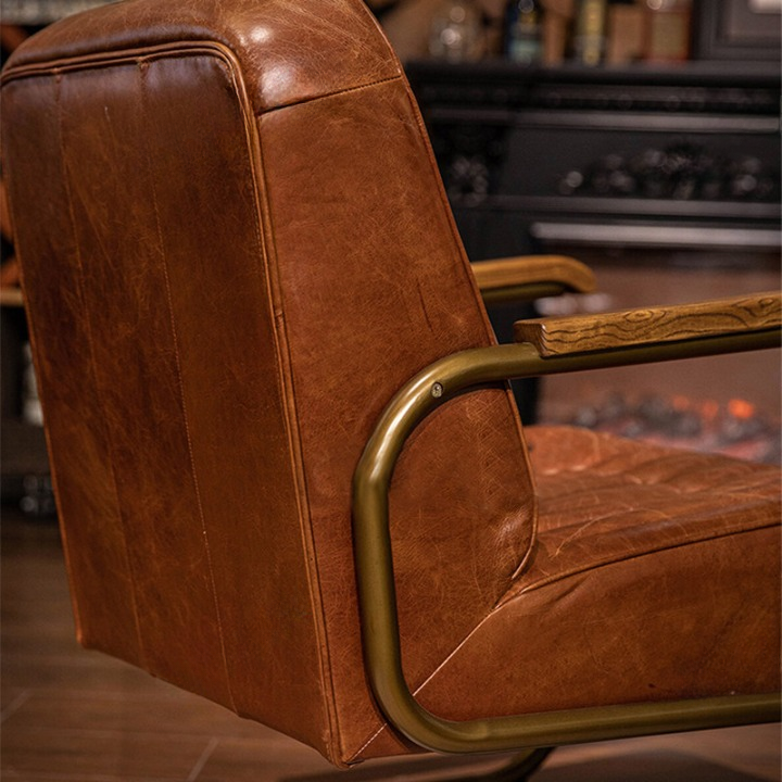 Brown Leather Accent Chair, Oil Waxed Top Grain Leather Lounge Chair with Cantilever Metal Frame and Wood Armrests, Mid Century Modern Armchair for Living Room, Bedroom, Office
