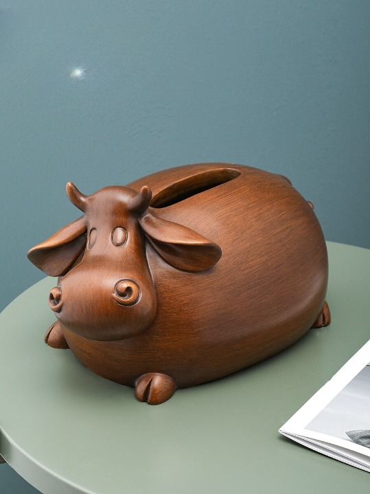 Cow-Shaped Tissue Box Cover, Wood Grain Decorative Facial Tissue Holder for Living Room, Bedroom, Office, Bathroom and Coffee Table, Brown