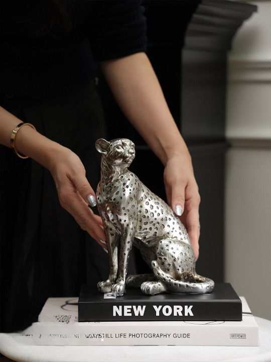 Silver Resin Leopard Sculpture, Spotted Sitting Big Cat Figurine with Metallic Textured Finish for Living Room, Entryway, Office Desk, Bookshelf, Console Table or Housewarming Gift