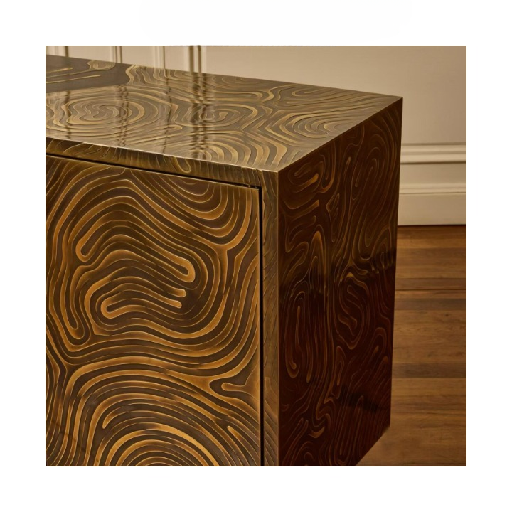 Dark Wood Sideboard Cabinet, Modern Storage Cabinet with Gold Line Art Door Fronts, Italian Minimalist Buffet Cabinet for Living Room Dining Room Entryway