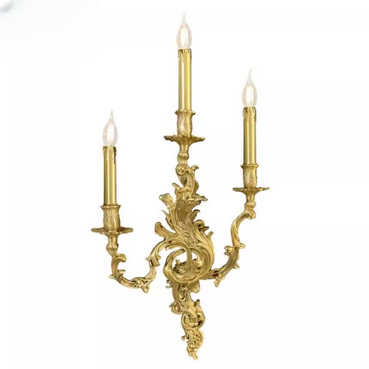 3-Light Gold Wall Sconce, French Style Copper Candle Wall Light, Vintage Ornate Wall Mounted Lamp for Living Room, Dining Room, Bedroom, Hallway, Staircase, Entryway Decor