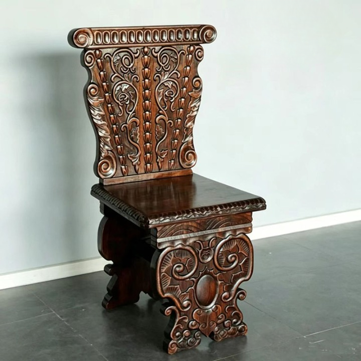 Hand-Carved Solid Wood High Back Dining Chair, Ornate Double-Sided Carved Accent Side Chair with Sculptural Legs and Brown Finish for Dining Room, Living Room or Entryway
