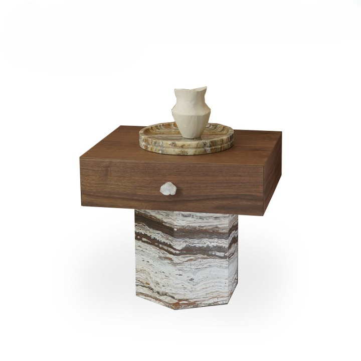 Walnut Nightstand with Natural Stone Pedestal Base, Modern Minimalist Bedside Table with Drawer, Rectangular Wood Storage Cabinet, Bedroom Side Table for Bedside, Living Room, Lounge