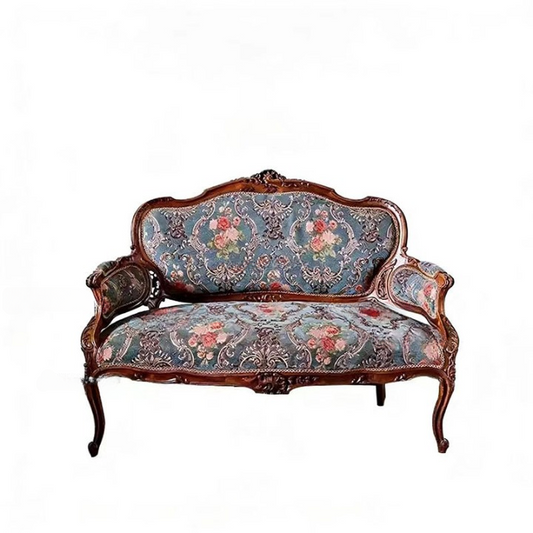 Floral Upholstered 3-Seat Sofa with Carved Solid Wood Frame, Blue
