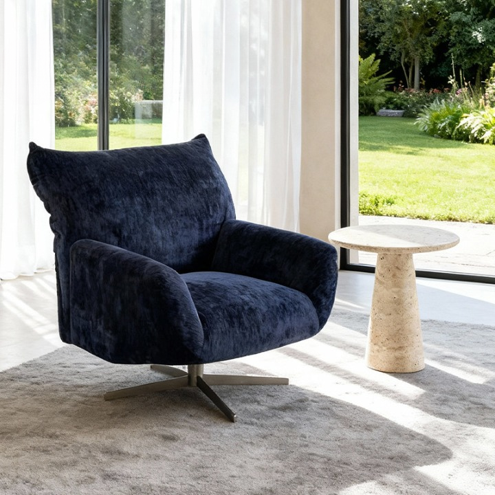 Blue Chenille Swivel Accent Chair, Upholstered Lounge Chair with Metal Rotating Base for Living Room, Bedroom, Balcony and Reading Corner