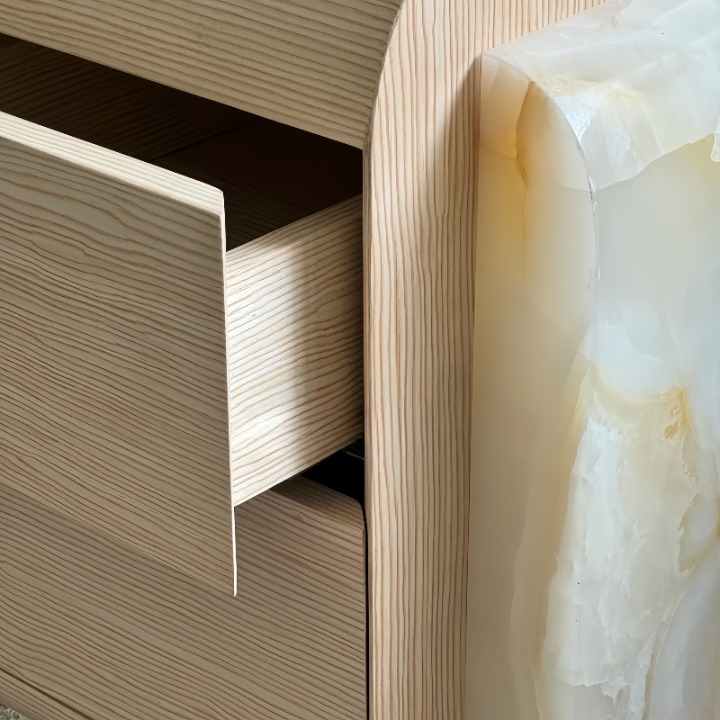 Natural Ash Wood Nightstand with White Marble Side Panels, 2-Drawer Rounded Bedside Table with Recessed Pulls, Wabi-Sabi Storage Cabinet for Bedroom and Guest Room