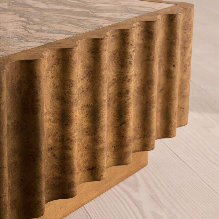 Square Marble Top Coffee Table, Solid Wood Carved Fluted Center Table for Living Room, Hotel Lounge, Villa, Modern Rustic Cocktail Table