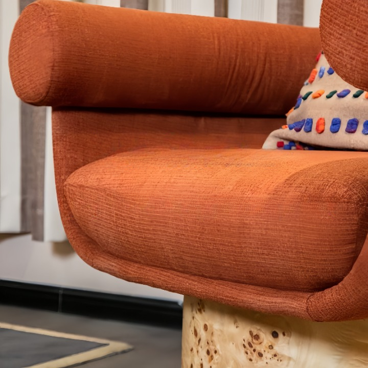 Orange Upholstered Swivel Accent Chair with Burl Wood Pedestal Base