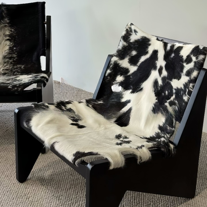 Cowhide Accent Chair with Black Solid Wood Frame, Modern Lounge Chair