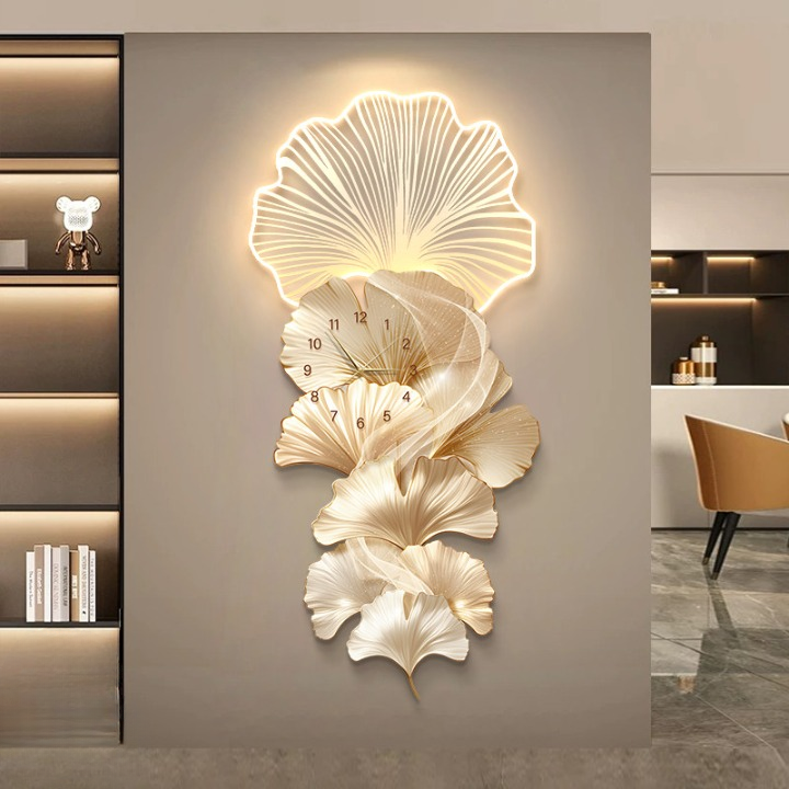 Modern Ginkgo Leaf Wall Clock 19 x 39 Inch, 3D LED Lighted Gold Wall Art