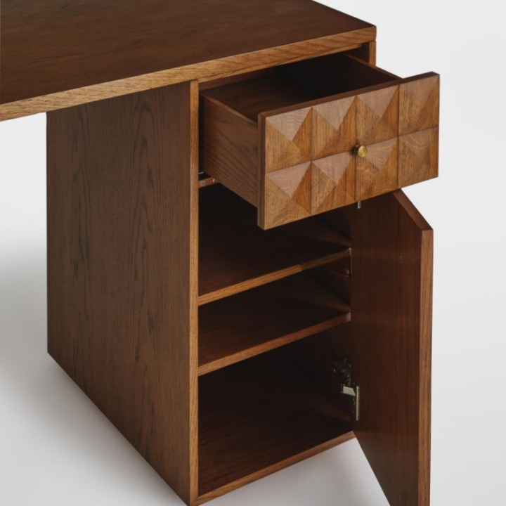 Solid Wood Writing Desk with Storage Drawers, Carved Geometric Home Office Desk, Vanity Table for Bedroom, Study Room, Hotel, Villa