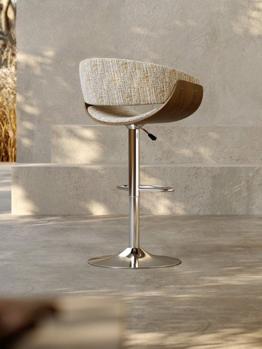 Adjustable Swivel Bar Stool, Modern Upholstered Counter Height Stool with Wood Veneer Back, Footrest and Hydraulic Lift for Kitchen Island, Home Bar and Dining Counter