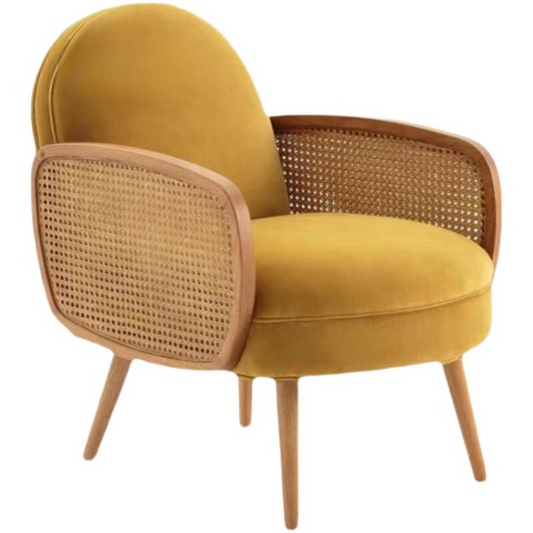 Mustard Yellow Accent Chair with Cane Armrests, Upholstered Single Sofa Chair with Solid Wood Legs, Modern Rattan Lounge Chair for Living Room, Bedroom, Reading Nook, Hotel, Guest Room, and Apartment Decor