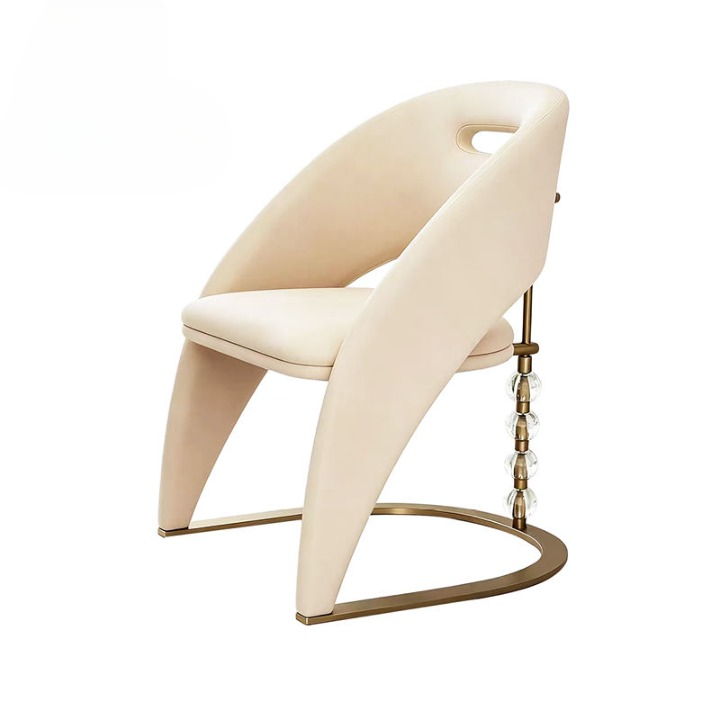 Cream Upholstered Dining Chair with Gold Metal Base and Clear Bead Accents
