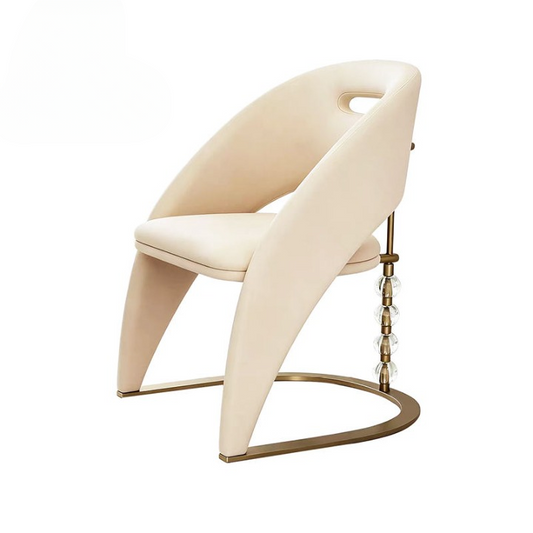 Cream Upholstered Dining Chair with Gold Metal Base and Clear Bead Accents