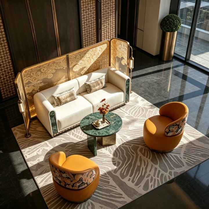 Modern Reception Sofa Set with Marble Coffee Table &amp; 2 Swivel Accent Chairs