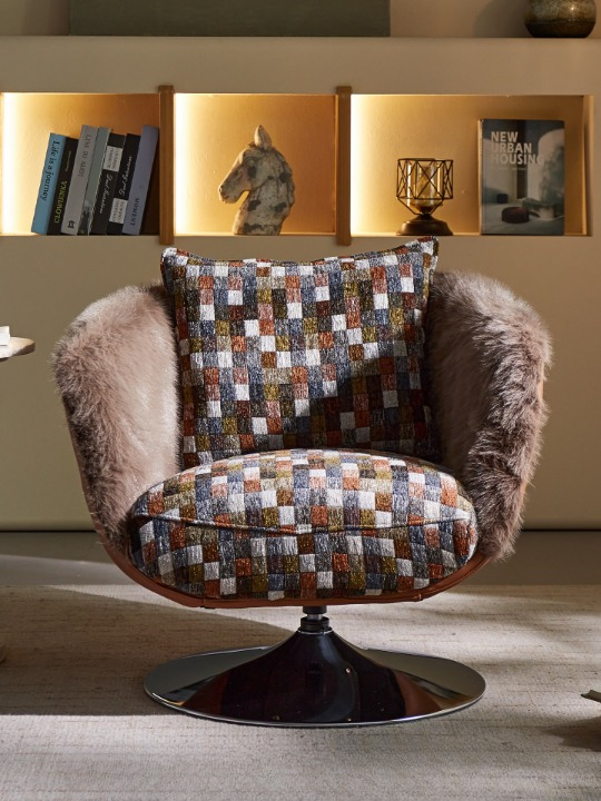 Plaid Swivel Accent Chair, Retro Upholstered Lounge Chair with Faux Fur Trim and Metal Pedestal Base for Living Room, Bedroom and Reading Corner