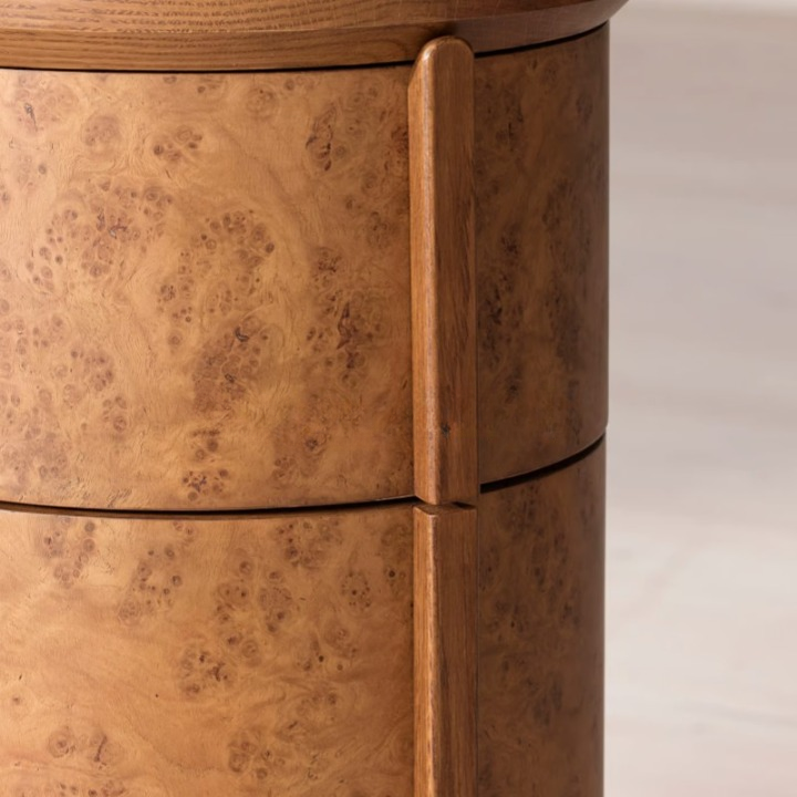 Burl Wood Nightstand, Round Bedside Table with Storage, Solid Wood Accent Cabinet for Bedroom, Living Room, Hotel, Villa, Sofa Side Table