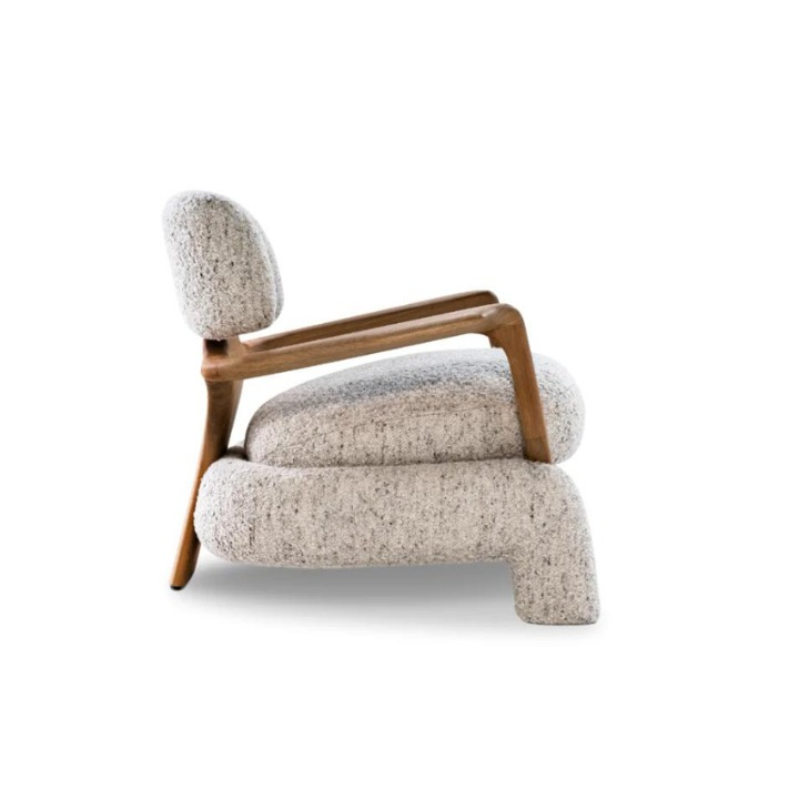 Gray White Boucle Accent Chair with Solid Wood Arms for Living Room