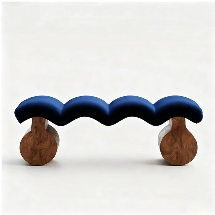 Navy Blue Upholstered Accent Bench with Sculptural Solid Wood Legs