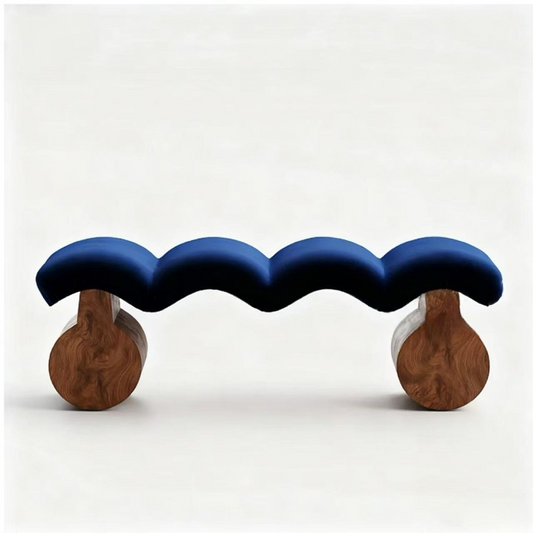 Navy Blue Upholstered Accent Bench with Sculptural Solid Wood Legs
