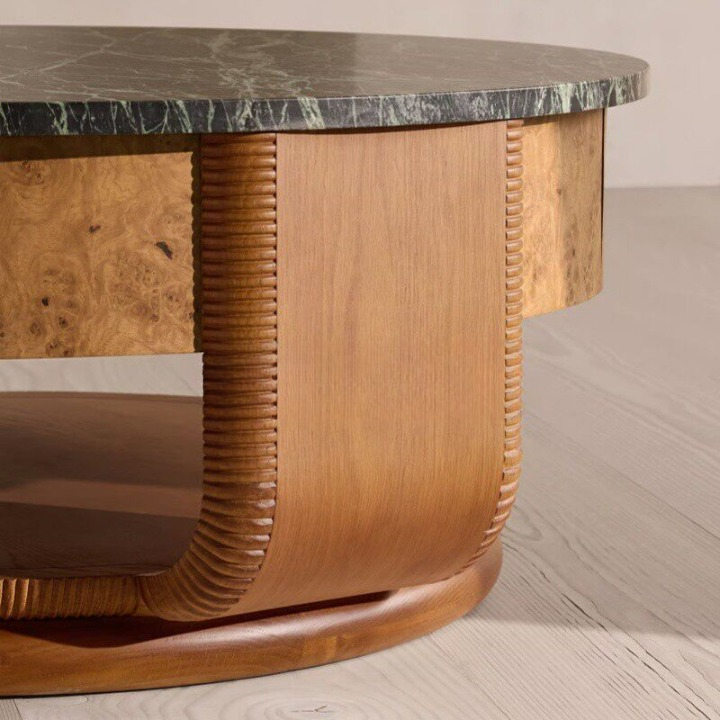 Round Marble Top Coffee Table, Solid Wood Carved Center Table with Lower Shelf for Living Room, Villa, Hotel Lounge, Vintage Cocktail Table