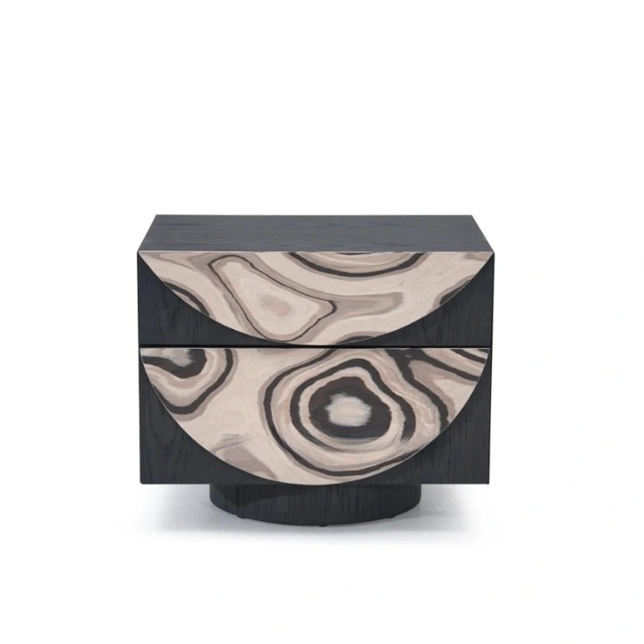 Modern Abstract Nightstand, Black Wood Bedside Table with 2 Drawers, Geometric Pattern Storage Cabinet for Bedroom, Living Room, Entryway, Hotel Room