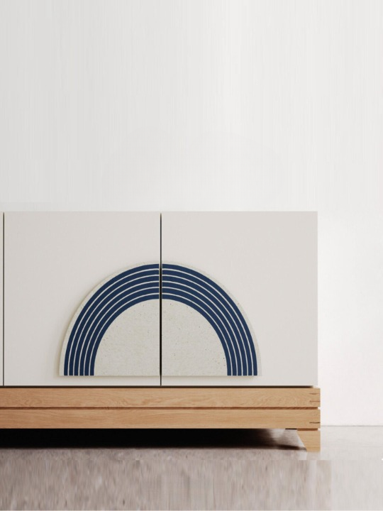 White Solid Wood Sideboard Cabinet, 4 Door Storage Cabinet with Blue Arch Pattern, Modern Cream Buffet Cabinet, Living Room Credenza, Dining Room Cabinet and Entryway Console